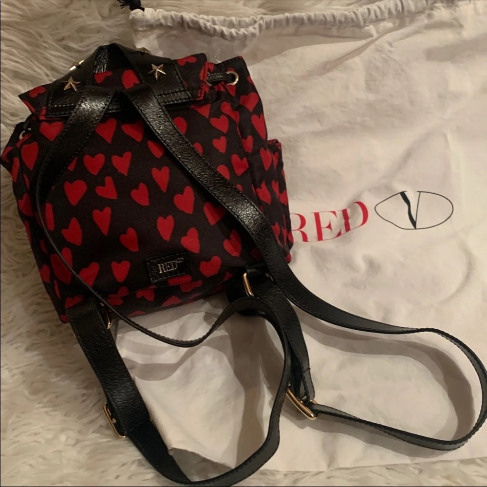 RED Valentino Black Leather Mini Backpack with Red Heart Print - Picture 10 of 14